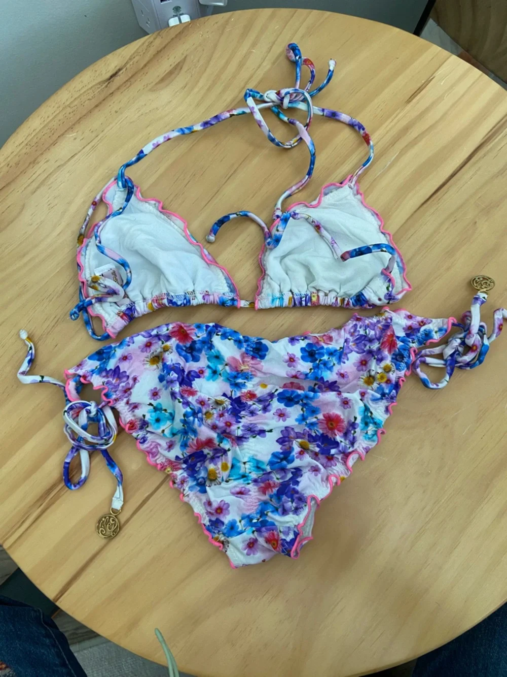 Luli Fama White Floral Print Ruffle Triangle Bikini with Pink Trim